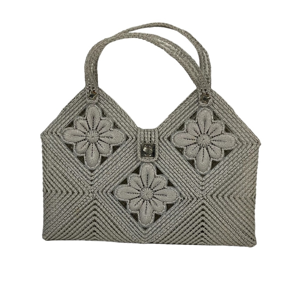 Vintage Handmade Gray Cross Stitch Plastic Canvas Woven Flower Accent Handbag